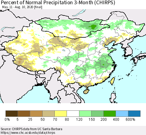 China, Mongolia and Taiwan Percent of Normal Precipitation 3-Month (CHIRPS) Thematic Map For 5/11/2020 - 8/10/2020
