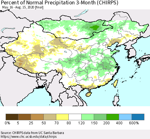 China, Mongolia and Taiwan Percent of Normal Precipitation 3-Month (CHIRPS) Thematic Map For 5/16/2020 - 8/15/2020