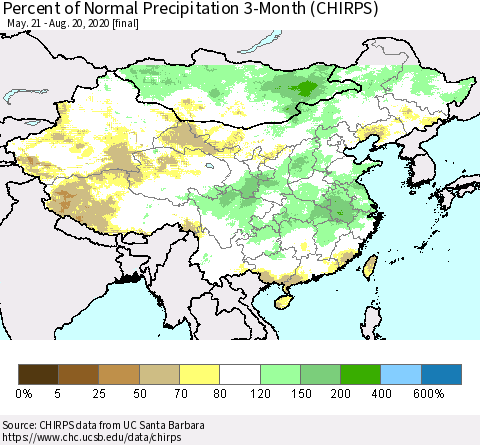 China, Mongolia and Taiwan Percent of Normal Precipitation 3-Month (CHIRPS) Thematic Map For 5/21/2020 - 8/20/2020