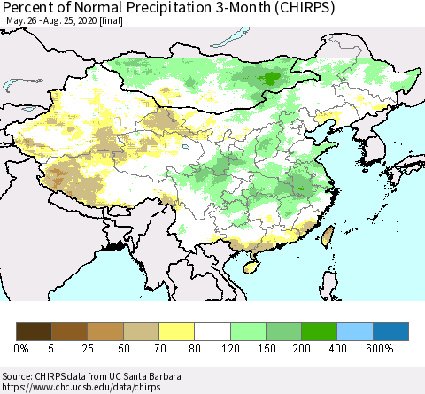 China, Mongolia and Taiwan Percent of Normal Precipitation 3-Month (CHIRPS) Thematic Map For 5/26/2020 - 8/25/2020