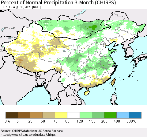 China, Mongolia and Taiwan Percent of Normal Precipitation 3-Month (CHIRPS) Thematic Map For 6/1/2020 - 8/31/2020