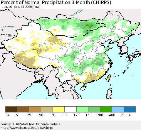 China, Mongolia and Taiwan Percent of Normal Precipitation 3-Month (CHIRPS) Thematic Map For 6/16/2020 - 9/15/2020