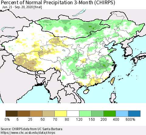 China, Mongolia and Taiwan Percent of Normal Precipitation 3-Month (CHIRPS) Thematic Map For 6/21/2020 - 9/20/2020