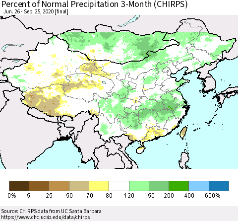 China, Mongolia and Taiwan Percent of Normal Precipitation 3-Month (CHIRPS) Thematic Map For 6/26/2020 - 9/25/2020
