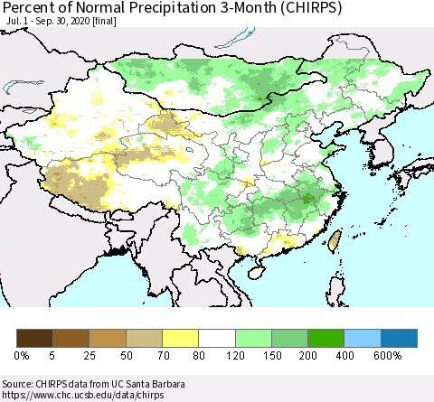 China, Mongolia and Taiwan Percent of Normal Precipitation 3-Month (CHIRPS) Thematic Map For 7/1/2020 - 9/30/2020