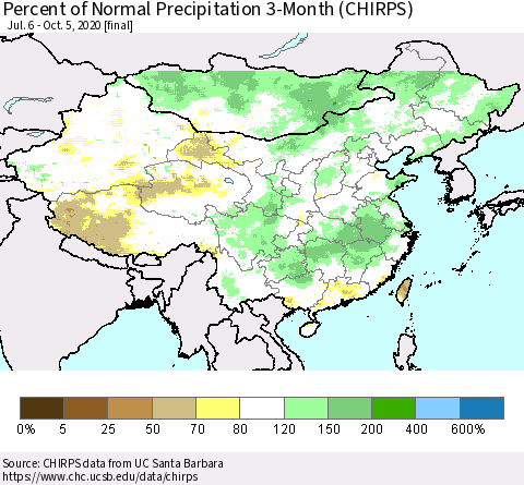 China, Mongolia and Taiwan Percent of Normal Precipitation 3-Month (CHIRPS) Thematic Map For 7/6/2020 - 10/5/2020