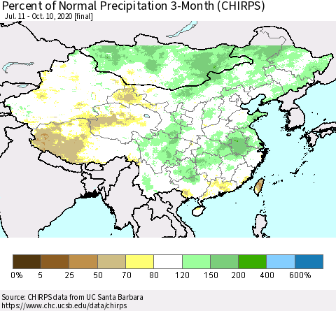China, Mongolia and Taiwan Percent of Normal Precipitation 3-Month (CHIRPS) Thematic Map For 7/11/2020 - 10/10/2020