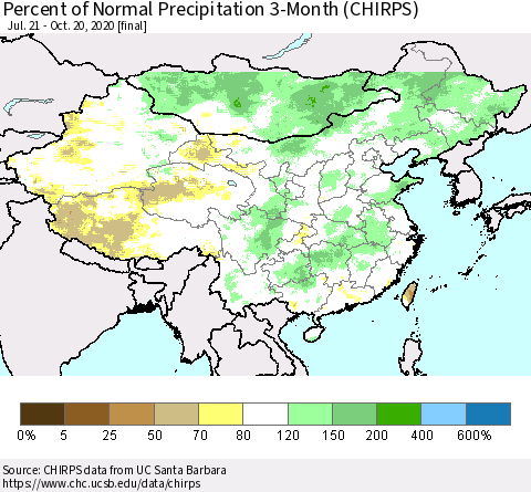 China, Mongolia and Taiwan Percent of Normal Precipitation 3-Month (CHIRPS) Thematic Map For 7/21/2020 - 10/20/2020