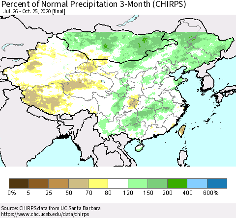 China, Mongolia and Taiwan Percent of Normal Precipitation 3-Month (CHIRPS) Thematic Map For 7/26/2020 - 10/25/2020