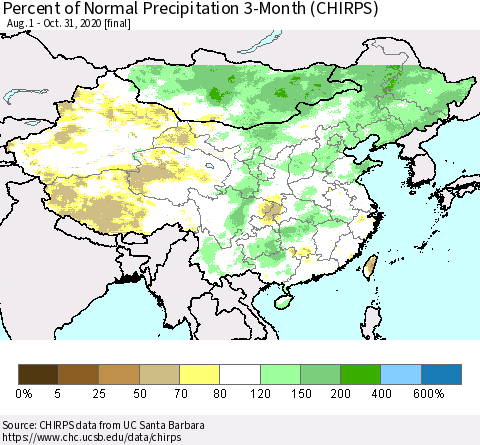 China, Mongolia and Taiwan Percent of Normal Precipitation 3-Month (CHIRPS) Thematic Map For 8/1/2020 - 10/31/2020