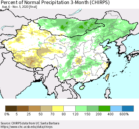 China, Mongolia and Taiwan Percent of Normal Precipitation 3-Month (CHIRPS) Thematic Map For 8/6/2020 - 11/5/2020