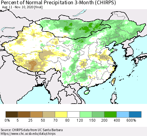 China, Mongolia and Taiwan Percent of Normal Precipitation 3-Month (CHIRPS) Thematic Map For 8/11/2020 - 11/10/2020