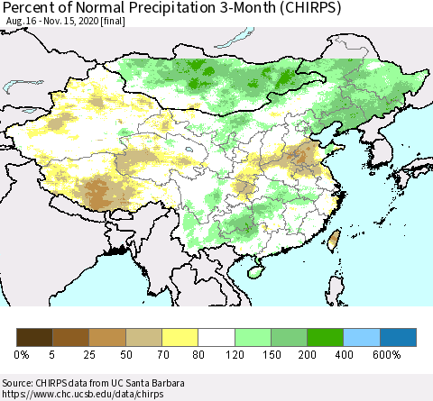 China, Mongolia and Taiwan Percent of Normal Precipitation 3-Month (CHIRPS) Thematic Map For 8/16/2020 - 11/15/2020