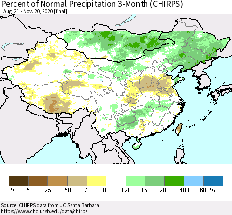 China, Mongolia and Taiwan Percent of Normal Precipitation 3-Month (CHIRPS) Thematic Map For 8/21/2020 - 11/20/2020