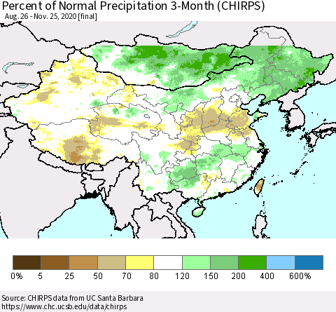 China, Mongolia and Taiwan Percent of Normal Precipitation 3-Month (CHIRPS) Thematic Map For 8/26/2020 - 11/25/2020