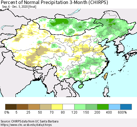 China, Mongolia and Taiwan Percent of Normal Precipitation 3-Month (CHIRPS) Thematic Map For 9/6/2020 - 12/5/2020