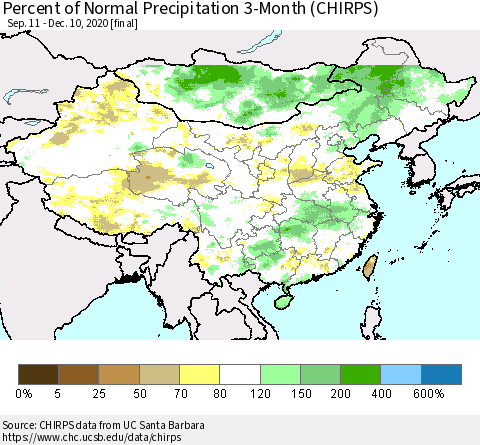 China, Mongolia and Taiwan Percent of Normal Precipitation 3-Month (CHIRPS) Thematic Map For 9/11/2020 - 12/10/2020