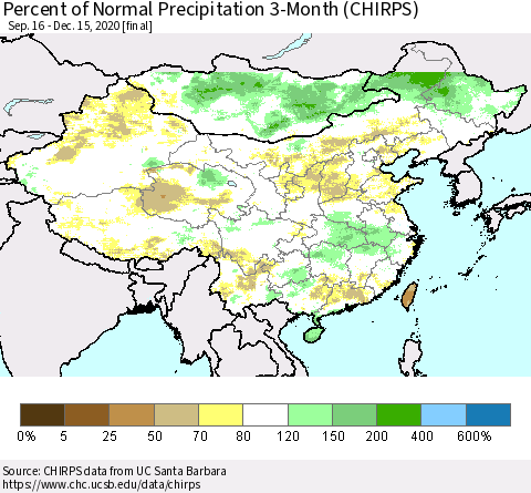 China, Mongolia and Taiwan Percent of Normal Precipitation 3-Month (CHIRPS) Thematic Map For 9/16/2020 - 12/15/2020