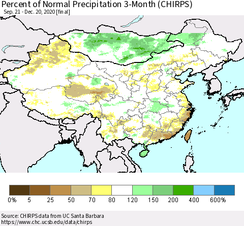 China, Mongolia and Taiwan Percent of Normal Precipitation 3-Month (CHIRPS) Thematic Map For 9/21/2020 - 12/20/2020
