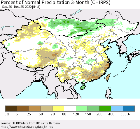China, Mongolia and Taiwan Percent of Normal Precipitation 3-Month (CHIRPS) Thematic Map For 9/26/2020 - 12/25/2020