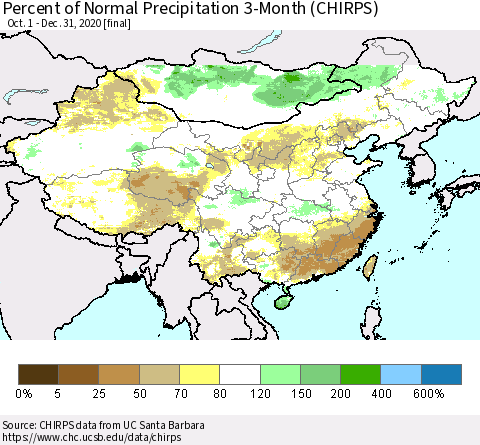 China, Mongolia and Taiwan Percent of Normal Precipitation 3-Month (CHIRPS) Thematic Map For 10/1/2020 - 12/31/2020