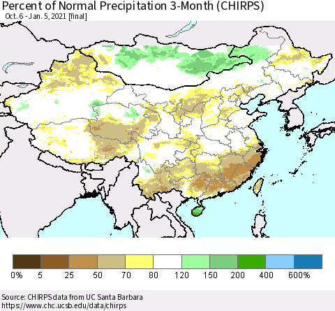 China, Mongolia and Taiwan Percent of Normal Precipitation 3-Month (CHIRPS) Thematic Map For 10/6/2020 - 1/5/2021