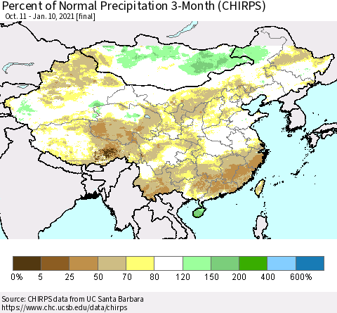 China, Mongolia and Taiwan Percent of Normal Precipitation 3-Month (CHIRPS) Thematic Map For 10/11/2020 - 1/10/2021