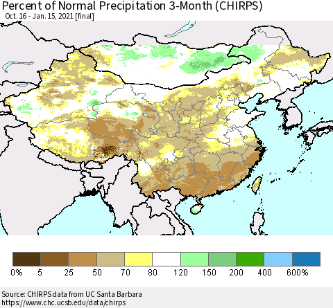 China, Mongolia and Taiwan Percent of Normal Precipitation 3-Month (CHIRPS) Thematic Map For 10/16/2020 - 1/15/2021