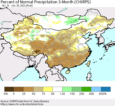 China, Mongolia and Taiwan Percent of Normal Precipitation 3-Month (CHIRPS) Thematic Map For 10/21/2020 - 1/20/2021