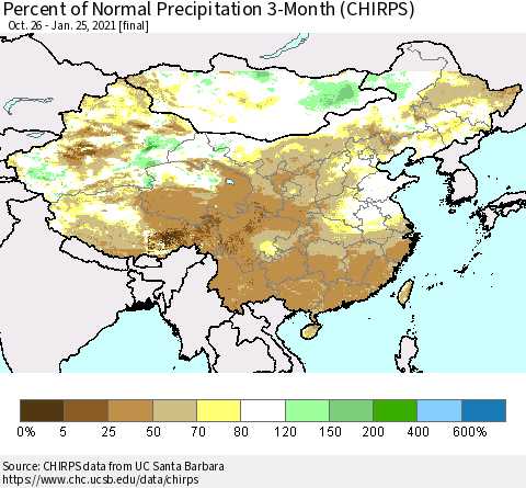 China, Mongolia and Taiwan Percent of Normal Precipitation 3-Month (CHIRPS) Thematic Map For 10/26/2020 - 1/25/2021
