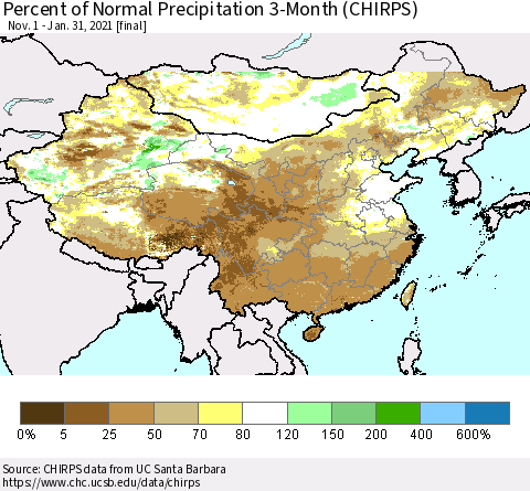 China, Mongolia and Taiwan Percent of Normal Precipitation 3-Month (CHIRPS) Thematic Map For 11/1/2020 - 1/31/2021