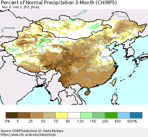 China, Mongolia and Taiwan Percent of Normal Precipitation 3-Month (CHIRPS) Thematic Map For 11/6/2020 - 2/5/2021