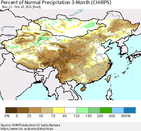 China, Mongolia and Taiwan Percent of Normal Precipitation 3-Month (CHIRPS) Thematic Map For 11/11/2020 - 2/10/2021