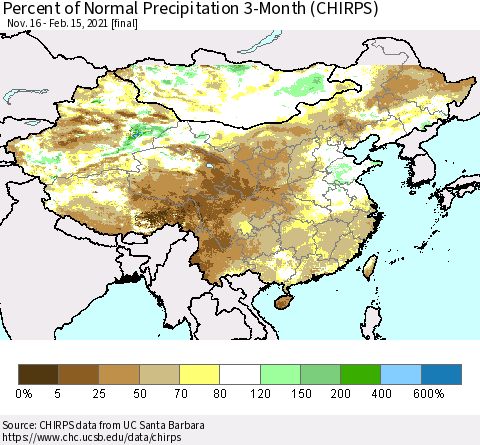 China, Mongolia and Taiwan Percent of Normal Precipitation 3-Month (CHIRPS) Thematic Map For 11/16/2020 - 2/15/2021