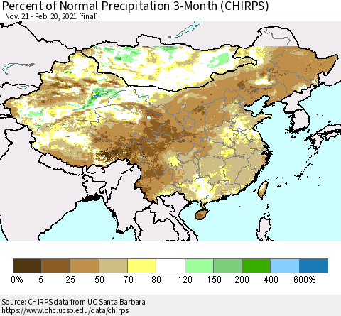 China, Mongolia and Taiwan Percent of Normal Precipitation 3-Month (CHIRPS) Thematic Map For 11/21/2020 - 2/20/2021