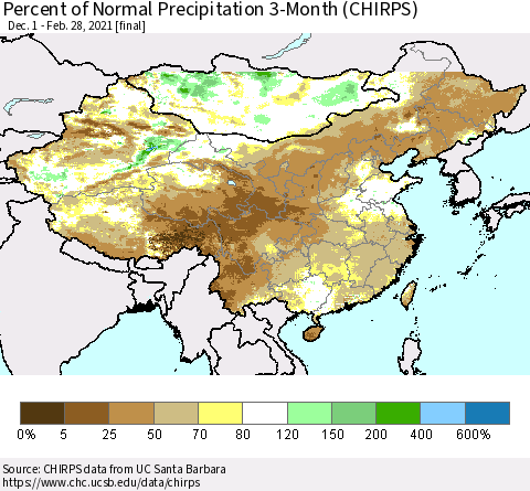 China, Mongolia and Taiwan Percent of Normal Precipitation 3-Month (CHIRPS) Thematic Map For 12/1/2020 - 2/28/2021