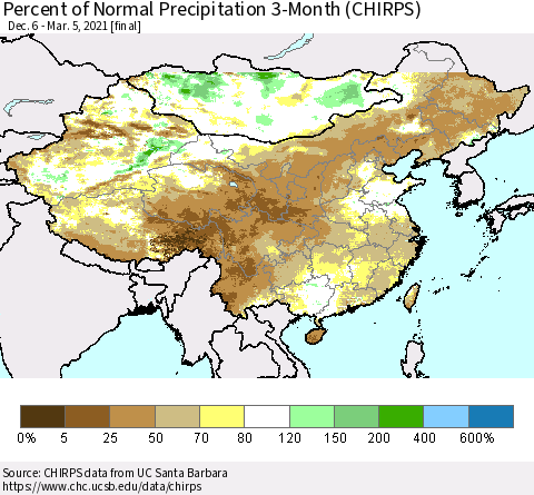 China, Mongolia and Taiwan Percent of Normal Precipitation 3-Month (CHIRPS) Thematic Map For 12/6/2020 - 3/5/2021