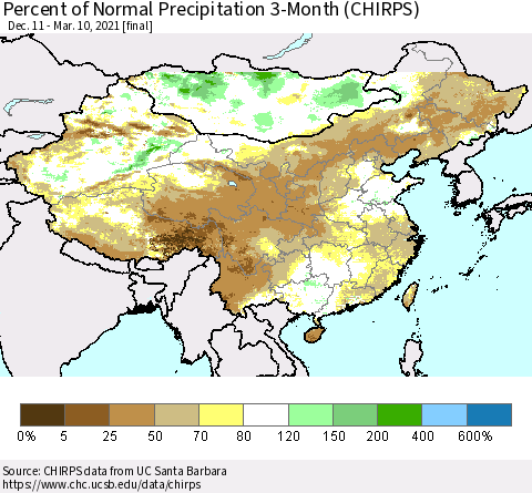 China, Mongolia and Taiwan Percent of Normal Precipitation 3-Month (CHIRPS) Thematic Map For 12/11/2020 - 3/10/2021