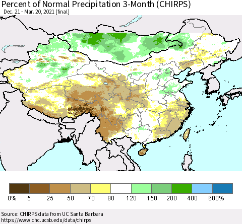 China, Mongolia and Taiwan Percent of Normal Precipitation 3-Month (CHIRPS) Thematic Map For 12/21/2020 - 3/20/2021