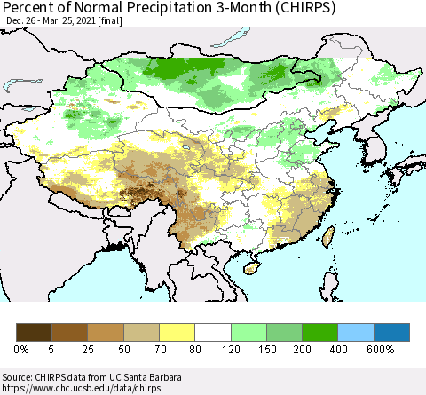 China, Mongolia and Taiwan Percent of Normal Precipitation 3-Month (CHIRPS) Thematic Map For 12/26/2020 - 3/25/2021