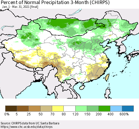 China, Mongolia and Taiwan Percent of Normal Precipitation 3-Month (CHIRPS) Thematic Map For 1/1/2021 - 3/31/2021