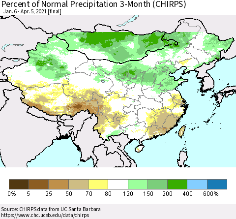 China, Mongolia and Taiwan Percent of Normal Precipitation 3-Month (CHIRPS) Thematic Map For 1/6/2021 - 4/5/2021