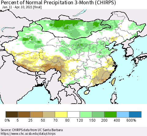 China, Mongolia and Taiwan Percent of Normal Precipitation 3-Month (CHIRPS) Thematic Map For 1/11/2021 - 4/10/2021