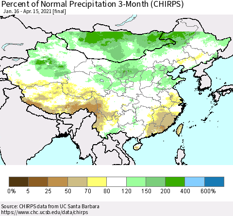 China, Mongolia and Taiwan Percent of Normal Precipitation 3-Month (CHIRPS) Thematic Map For 1/16/2021 - 4/15/2021