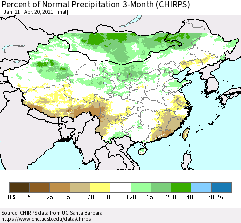 China, Mongolia and Taiwan Percent of Normal Precipitation 3-Month (CHIRPS) Thematic Map For 1/21/2021 - 4/20/2021