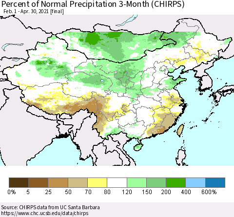 China, Mongolia and Taiwan Percent of Normal Precipitation 3-Month (CHIRPS) Thematic Map For 2/1/2021 - 4/30/2021