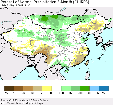 China, Mongolia and Taiwan Percent of Normal Precipitation 3-Month (CHIRPS) Thematic Map For 2/6/2021 - 5/5/2021