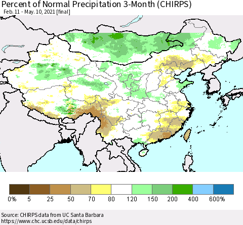 China, Mongolia and Taiwan Percent of Normal Precipitation 3-Month (CHIRPS) Thematic Map For 2/11/2021 - 5/10/2021