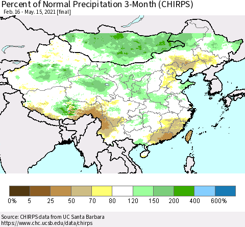 China, Mongolia and Taiwan Percent of Normal Precipitation 3-Month (CHIRPS) Thematic Map For 2/16/2021 - 5/15/2021