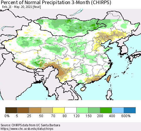 China, Mongolia and Taiwan Percent of Normal Precipitation 3-Month (CHIRPS) Thematic Map For 2/21/2021 - 5/20/2021